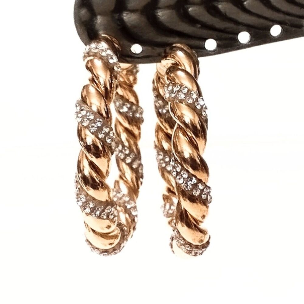 Gold Tone and Rhinestone Twisted Rope Hoop Earrings
